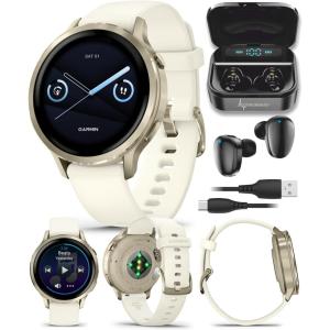 imageGarmin Venu 4 41mm AMOLED Advanced Health ampamp Fitness GPS Smartwatch Bright ampamp Colorful Display Builtin Flashlight Up to 10 Days Slate with Black Silicone Band wWearable4U White Earbuds BundleLunar GoldBone