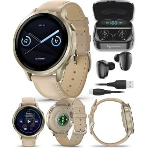 imageGarmin Venu 4 41mm AMOLED Advanced Health ampamp Fitness GPS Smartwatch Bright ampamp Colorful Display Builtin Flashlight Up to 10 Days Slate with Black Silicone Band wWearable4U White Earbuds BundleBoneLight Sand