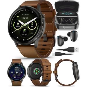 imageGarmin Venu 4 41mm AMOLED Advanced Health ampamp Fitness GPS Smartwatch Bright ampamp Colorful Display Builtin Flashlight Up to 10 Days Slate with Black Silicone Band wWearable4U White Earbuds BundleBrown