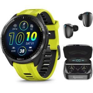 imageWearable4U  Garmin Forerunner 965 Premium GPS Running and Triathlon 47 mm Smartwatch with AMOLED Touchscreen Display Carbon Gray DLC Titanium Bezel and Yellow Silicone Band  Black Earbuds Bundle