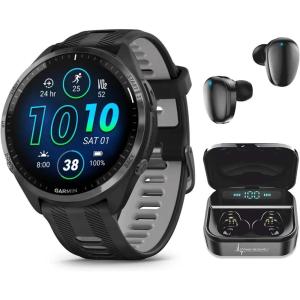 imageWearable4U  Garmin Forerunner 965 Premium GPS Running and Triathlon 47mm Smartwatch with AMOLED Touchscreen Display Carbon Gray DLC Titanium Bezel with Black Silicone Band with Black Earbuds
