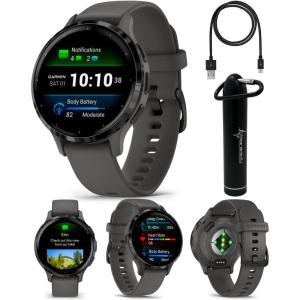 imageWearable4U  Garmin Venu 3S GPS Smartwatch AMOLED Display 41mm Watch Advanced Health and Fitness Features Up to 10 Days of Battery Wheelchair Mode Sleep Coach French Gray with Power BankSlatePebble Gray
