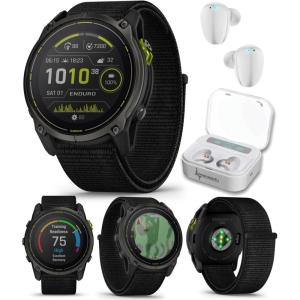 imageWearable4U Garmin Enduro 3  51 mm Solar Sapphire Ultraperformance GPS Smartwatch Carbon Gray DLC Titanium with Black UltraFit Nylon Strap BundleWhite Earbids
