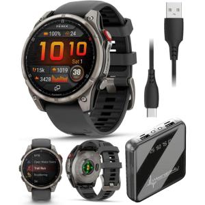 imageWearable4U Garmin Fenix 8 Pro  47mm AMOLED Premium Connected Multisport GPS Smartwatch inReach Technology Sapphire Titanium with GraphiteBlack Silicone Band w PowerBank BundleTitanium  GraphiteBlack