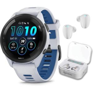 imageWearable4U Garmin Forerunner 265 Music GPS Running 46 mm Smartwatch Whitestone with AMOLED Touchscreen Display White Earbuds Bundle