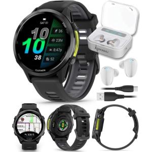 imageWearable4U Garmin Forerunner 970 Carbon Gray DLC Titanium Smartwatch with Black Case and BlackTranslucent Whitestone Band White Earbuds Bundle956  Black
