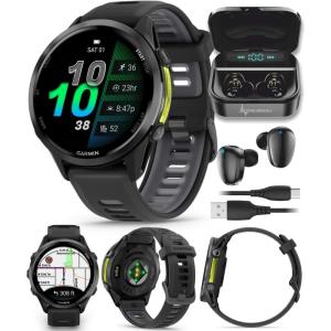 imageWearable4U Garmin Forerunner 970 Carbon Gray DLC Titanium Smartwatch with Black Case and BlackTranslucent Whitestone Band White Earbuds Bundle970  Black