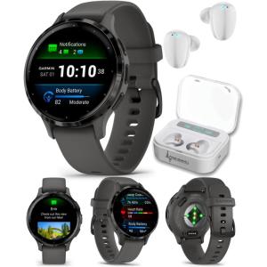 imageWearable4U Garmin Venu 3S GPS Smartwatch AMOLED Display 41 mm Watch Advanced Health and Fitness Features Up to 10 Days of Battery Wheelchair Mode Sleep Coach Sage Gray Black Earbuds BundleSlatePebble Gray White EarBuds