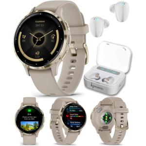 imageWearable4U Garmin Venu 3S GPS Smartwatch AMOLED Display 41 mm Watch Advanced Health and Fitness Features Up to 10 Days of Battery Wheelchair Mode Sleep Coach Sage Gray Black Earbuds BundleSoft GoldFrench Gray White EarBuds