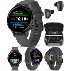 imageWearable4U Garmin Venu 3S GPS Smartwatch AMOLED Display 41 mm Watch Advanced Health and Fitness Features Up to 10 Days of Battery Wheelchair Mode Sleep Coach Sage Gray Black Earbuds BundleSlatePebble Gray Black EarBuds