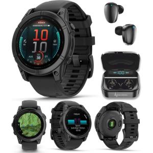 imageGarmin Fenix E  47 mm AMOLED Premium Multisport GPS Smartwatch LongLasting Battery Life Slate Gray Steel with Black Silicone Band with Wearable4U Black Earbuds Bundle