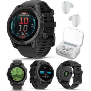 imageGarmin Fenix E  47 mm AMOLED Premium Multisport GPS Smartwatch LongLasting Battery Life Slate Gray Steel with Black Silicone Band with Wearable4U White Earbuds Bundle