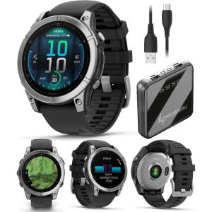 imageGarmin Fenix E  47 mm AMOLED Premium Multisport GPS Smartwatch LongLasting Battery Life Stainless Steel with Black Silicone Band with Wearable4U Power Bank Bundle