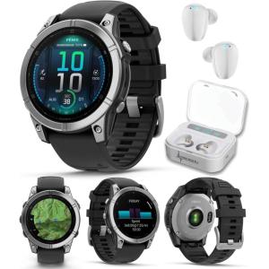 imageGarmin Fenix E  47 mm AMOLED Premium Multisport GPS Smartwatch LongLasting Battery Life Stainless Steel with Black Silicone Band with Wearable4U White Earbuds Bundle