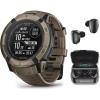 imageWearable4U Garmin Instinct 2X Solar Tactical 50 mm Rugged GPS Men Smartwatch Black with Power Glass Lens Stealth Mode LED Flashlight Black Earbuds BundleCoyote TanBlack
