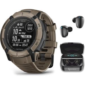 imageWearable4U Garmin Instinct 2X Solar Tactical 50 mm Rugged GPS Men Smartwatch Black with Power Glass Lens Stealth Mode LED Flashlight Black Earbuds BundleCoyote TanBlack