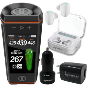 imageBushnell Wingman HD View Golf Speaker 35quot Touchscreen GPS Distances Premium 360 Audio Waterproof Design Magnetic Cart Mount with Wearable4U Black Earbuds ampamp CarWall Chargers BundleWHT EarBuds  CarWall Adapters